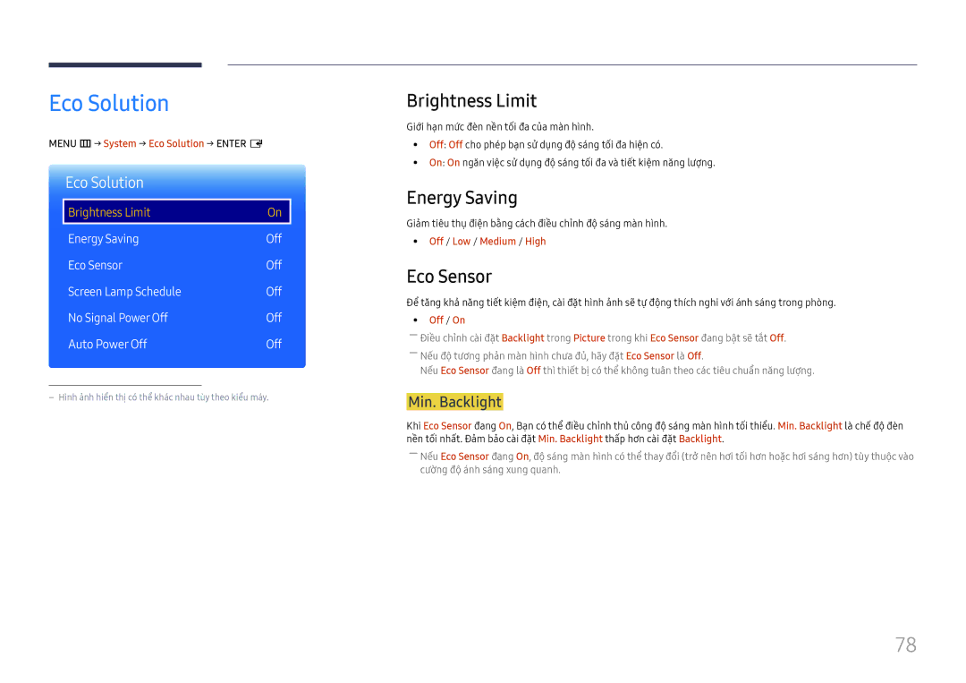 Samsung LH85OHFPLBC/XV manual Eco Solution, Brightness Limit, Energy Saving, Eco Sensor 