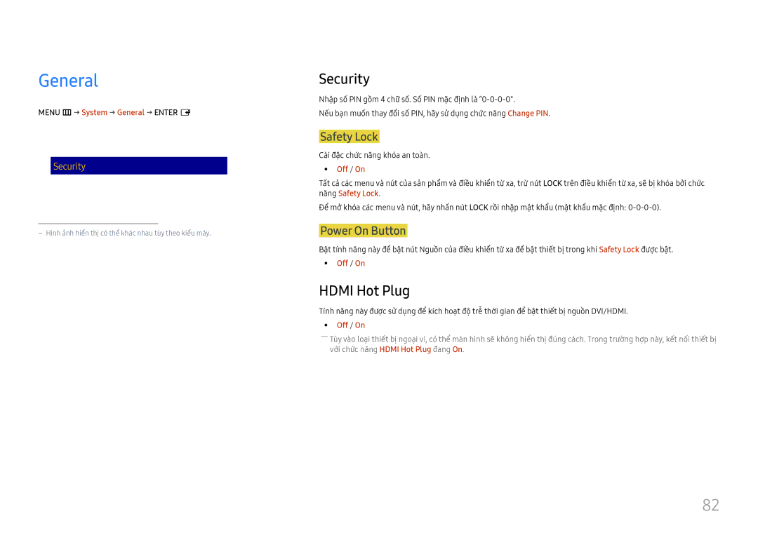 Samsung LH85OHFPLBC/XV manual General, Security, Hdmi Hot Plug 