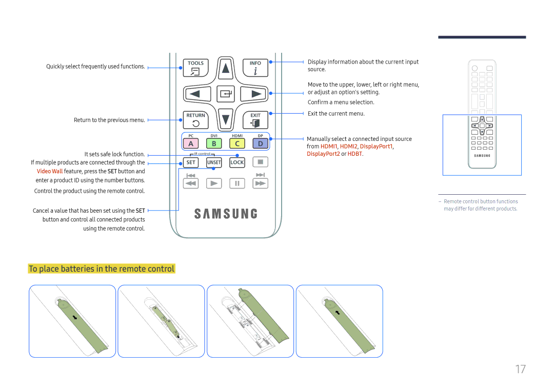 Samsung LH85OHFPLBC/XV manual To place batteries in the remote control, Quickly select frequently used functions 