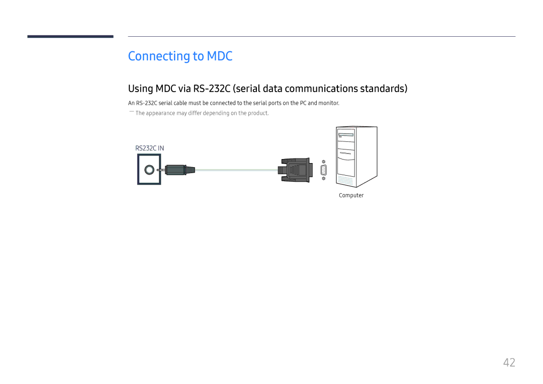 Samsung LH85OHFPLBC/XV manual Connecting to MDC, Using MDC via RS-232C serial data communications standards 