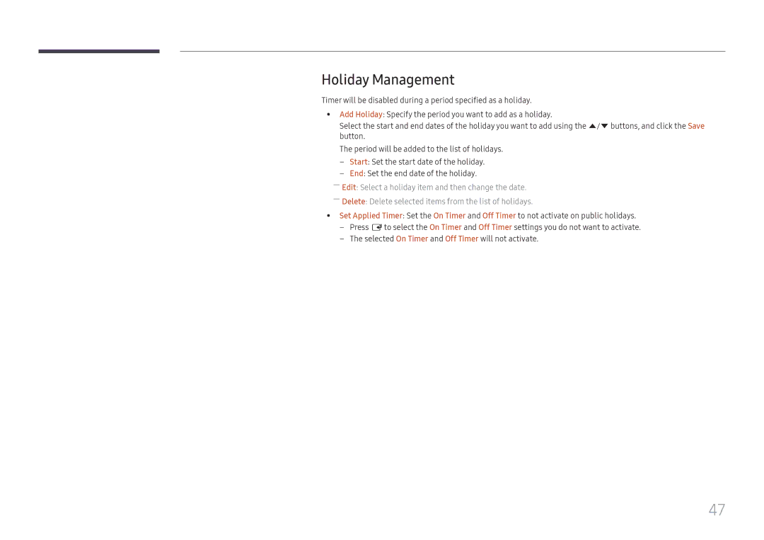 Samsung LH85OHFPLBC/XV manual Holiday Management 