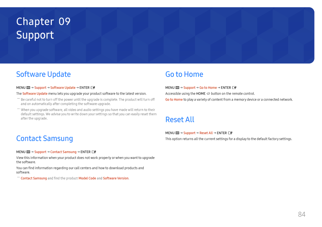 Samsung LH85OHFPLBC/XV manual Support, Software Update, Contact Samsung, Go to Home, Reset All 