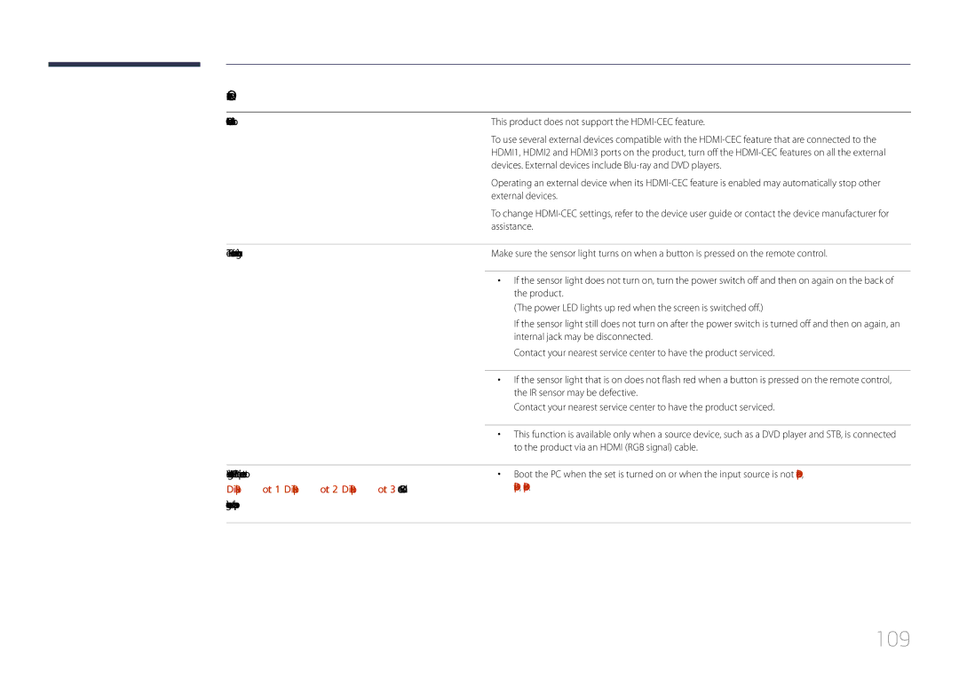 Samsung LH85QMDPLGC/NG, LH85QMDPLGC/EN 109, HDMI-CEC does not work, This product does not support the HDMI-CEC feature 