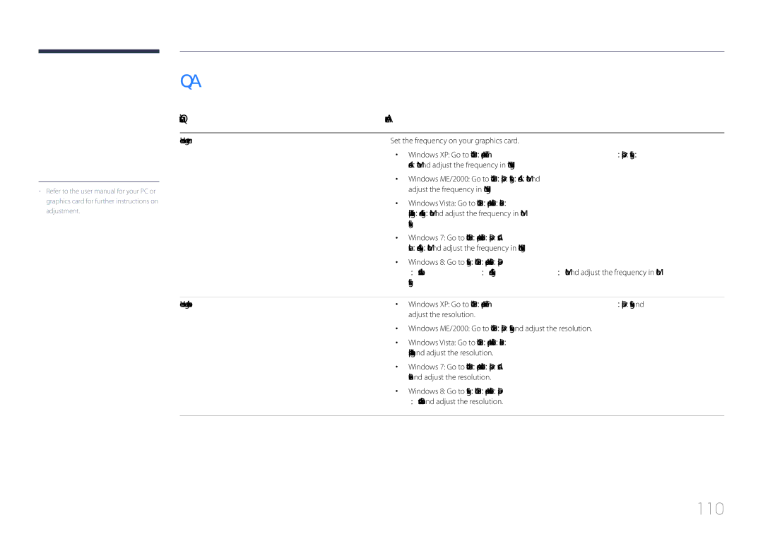 Samsung LH85QMDPLGC/UE 110, Question Answer, How can I change the frequency?, Settings, How can I change the resolution? 