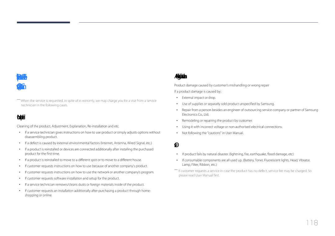 Samsung LH85QMDPLGC/XY manual Appendix, 118, Not a product defect, Product damage caused by customers fault, Others 