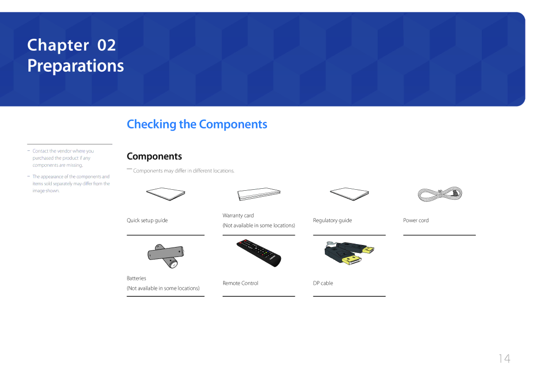 Samsung LH85QMDPLGC/UE manual Preparations, Checking the Components, Warranty card Regulatory guide, Quick setup guide 