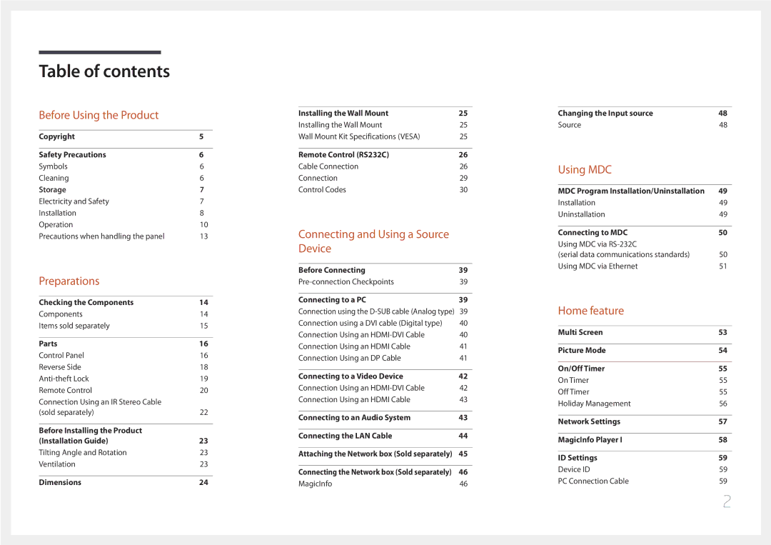 Samsung LH85QMDPLGC/UE, LH85QMDPLGC/EN, LH85QMDPLGC/NG, LH85QMDPLGC/XV, LH85QMDPLGC/XY, LH85QMDPLGC/CH manual Table of contents 