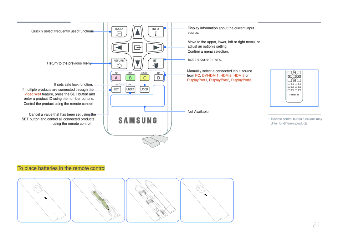 Samsung LH85QMDPLGC/XV, LH85QMDPLGC/EN To place batteries in the remote control, Quickly select frequently used functions 