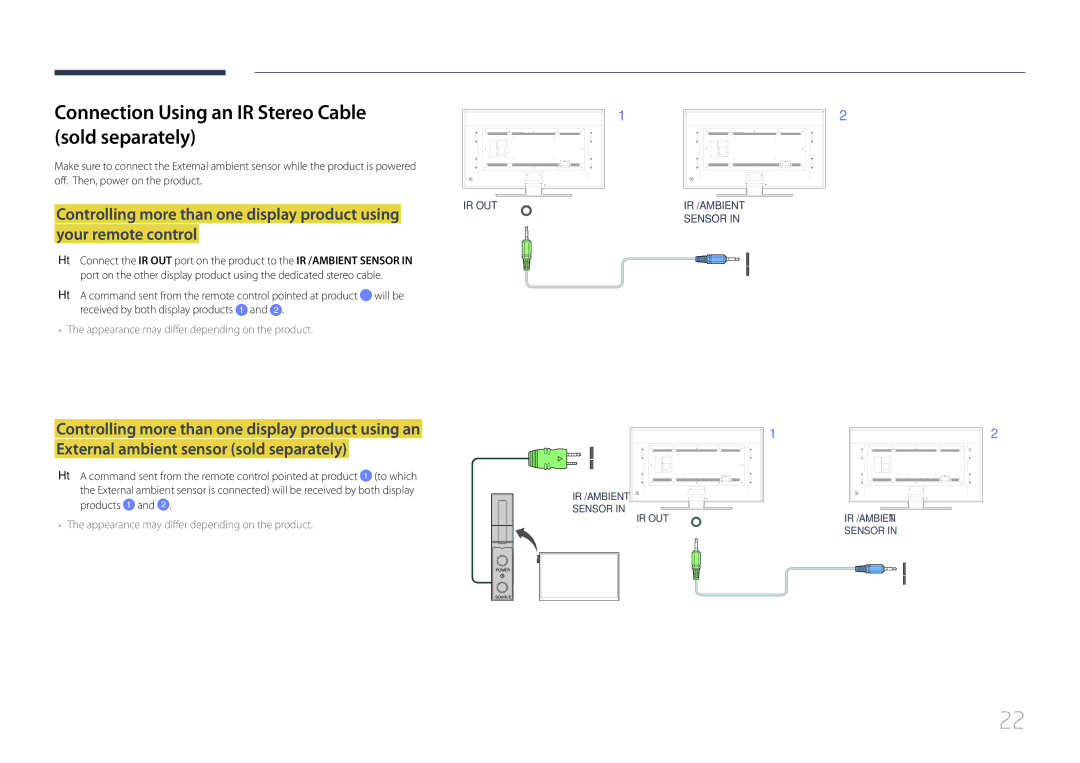 Samsung LH85QMDPLGC/XY, LH85QMDPLGC/EN, LH85QMDPLGC/NG, LH85QMDPLGC/UE Connection Using an IR Stereo Cable sold separately 