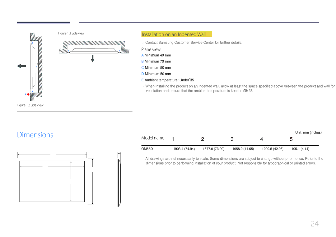 Samsung LH85QMDPLGC/EN, LH85QMDPLGC/NG manual Dimensions, ―Installation―on an Indented Wall, Plane view, Model name 