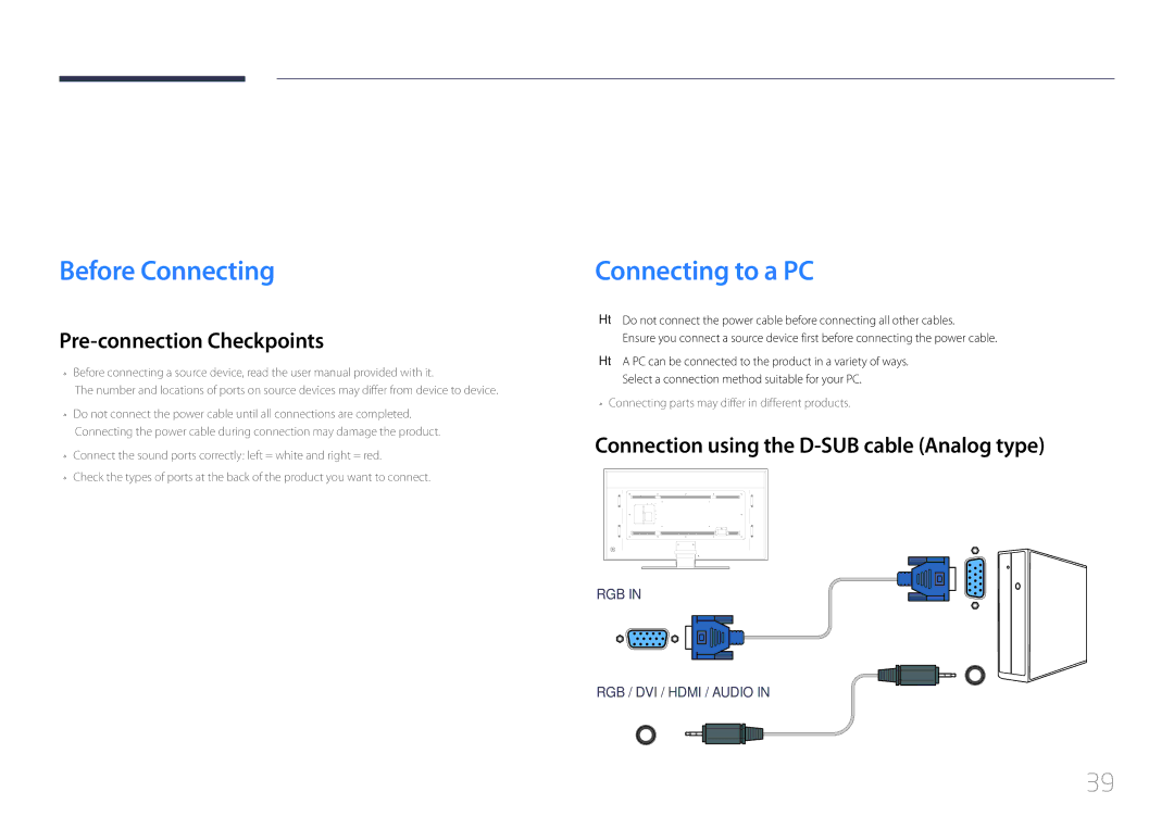 Samsung LH85QMDPLGC/XV, LH85QMDPLGC/EN manual Connecting and Using a Source Device, Before Connecting, Connecting to a PC 