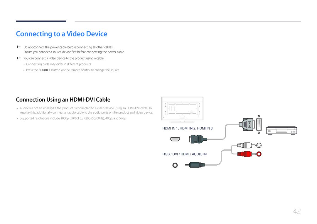 Samsung LH85QMDPLGC/EN, LH85QMDPLGC/NG, LH85QMDPLGC/UE, LH85QMDPLGC/XV, LH85QMDPLGC/XY manual Connecting to a Video Device 