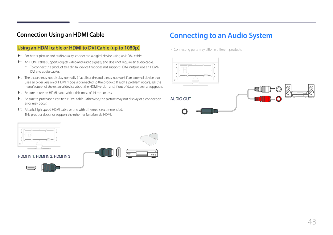 Samsung LH85QMDPLGC/NG, LH85QMDPLGC/EN Connecting to an Audio System, Using an Hdmi cable or Hdmi to DVI Cable up to 1080p 