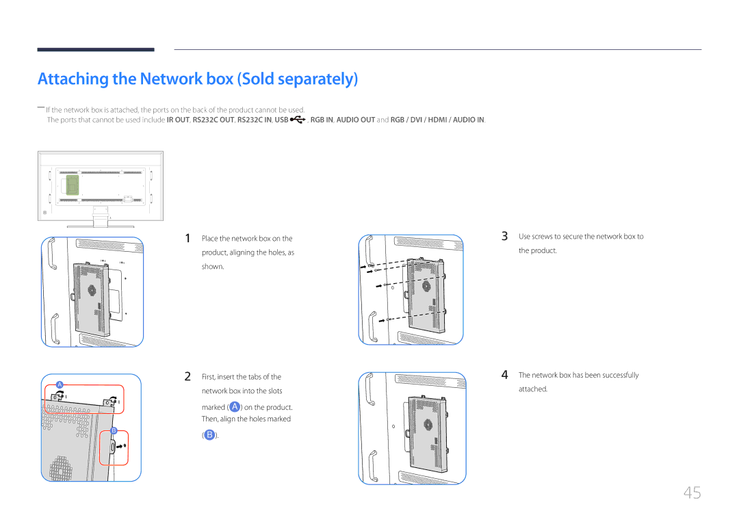 Samsung LH85QMDPLGC/XV, LH85QMDPLGC/EN, LH85QMDPLGC/NG, LH85QMDPLGC/UE manual Attaching the Network box Sold separately 