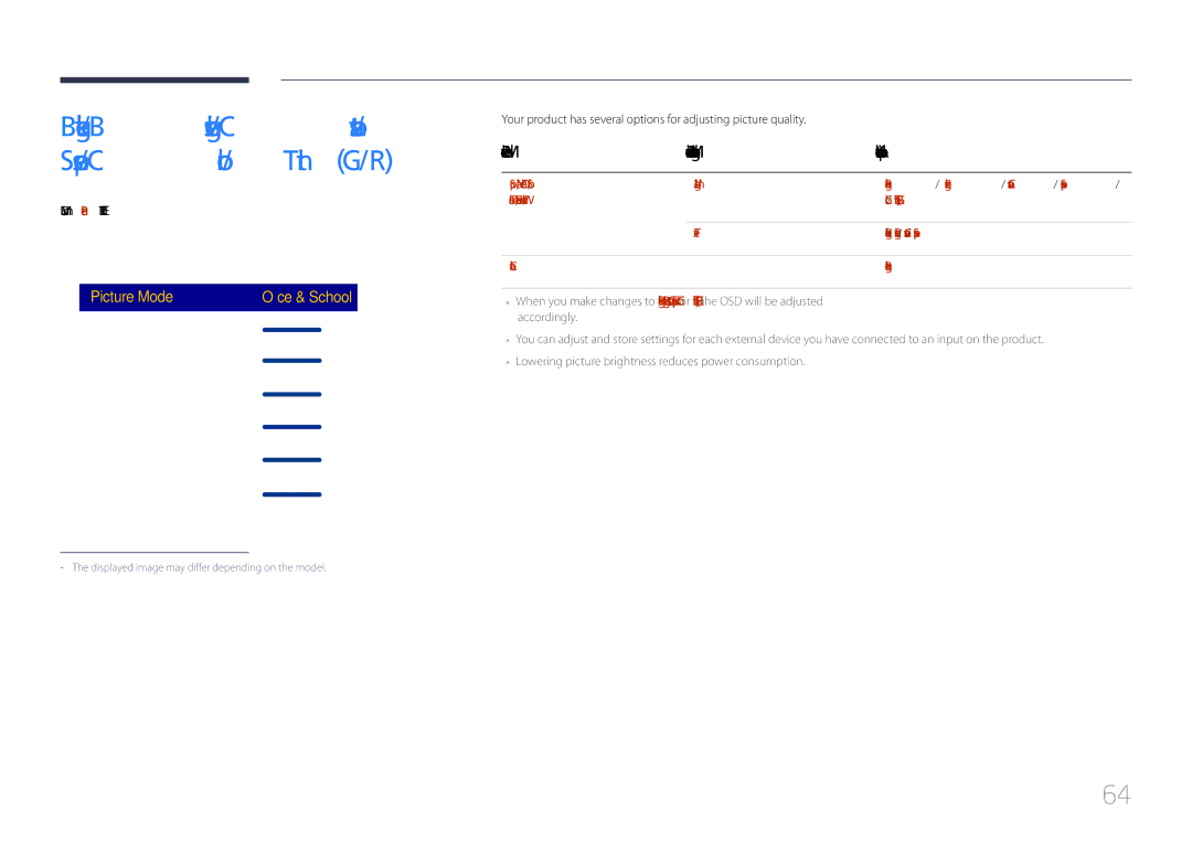 Samsung LH85QMDPLGC/XY, LH85QMDPLGC/EN Picture Mode Picture Mode settings Adjustable options, Menu m → Picture → Enter E 