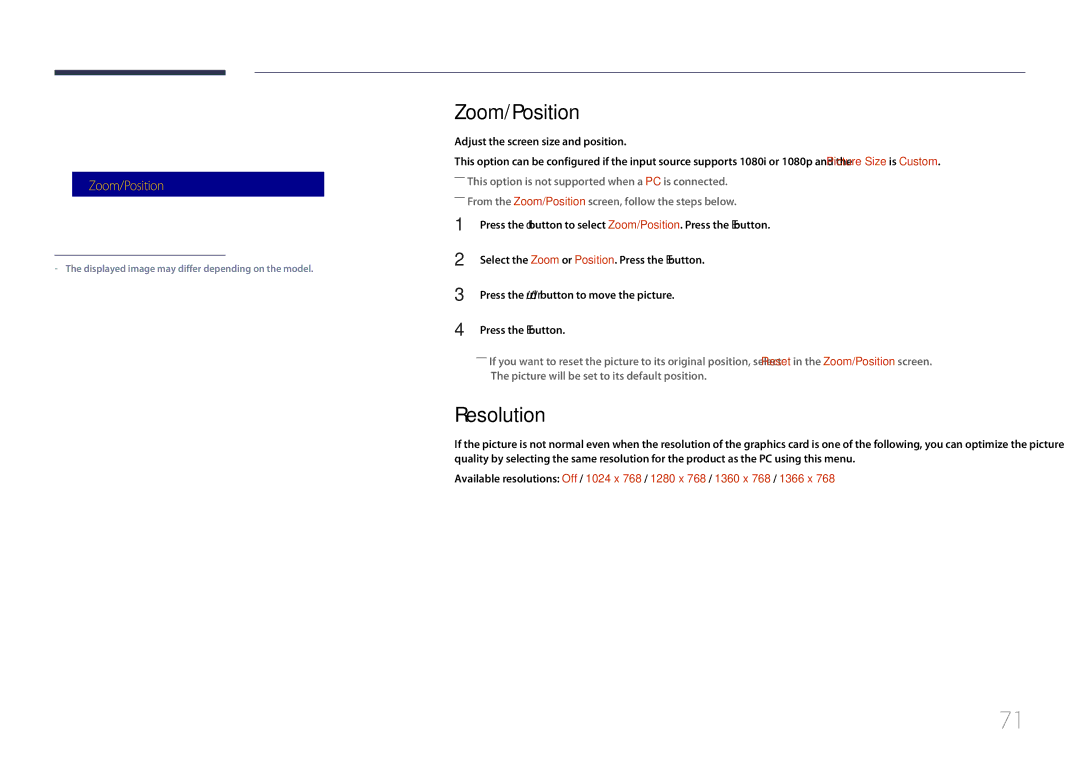 Samsung LH85QMDPLGC/CH, LH85QMDPLGC/EN, LH85QMDPLGC/NG, LH85QMDPLGC/UE manual Zoom/Position, Resolution, Picture Size 