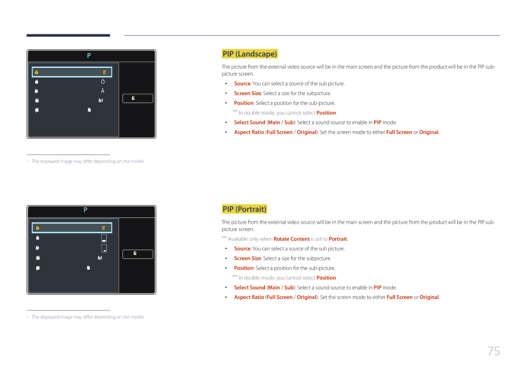 Samsung LH85QMDPLGC/XV, LH85QMDPLGC/EN, LH85QMDPLGC/NG, LH85QMDPLGC/UE, LH85QMDPLGC/XY manual PIP Landscape, PIP Portrait 