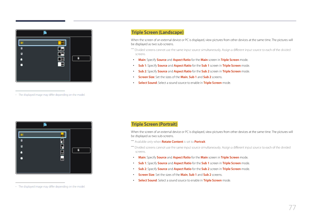 Samsung LH85QMDPLGC/CH, LH85QMDPLGC/EN, LH85QMDPLGC/NG, LH85QMDPLGC/UE manual Triple Screen Landscape, Triple Screen Portrait 