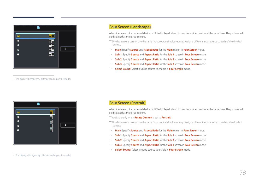 Samsung LH85QMDPLGC/EN, LH85QMDPLGC/NG, LH85QMDPLGC/UE, LH85QMDPLGC/XV manual Four Screen Landscape, Four Screen Portrait 