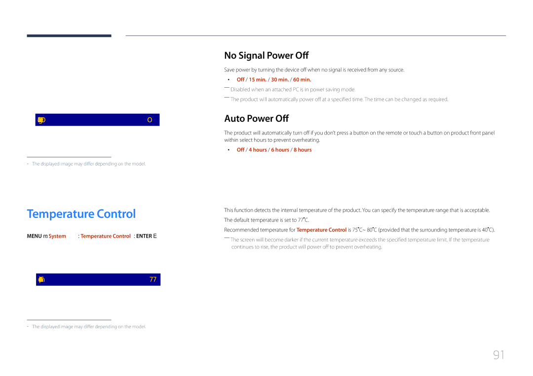 Samsung LH85QMDPLGC/NG, LH85QMDPLGC/EN, LH85QMDPLGC/UE manual Temperature Control, No Signal Power Off, Auto Power Off 