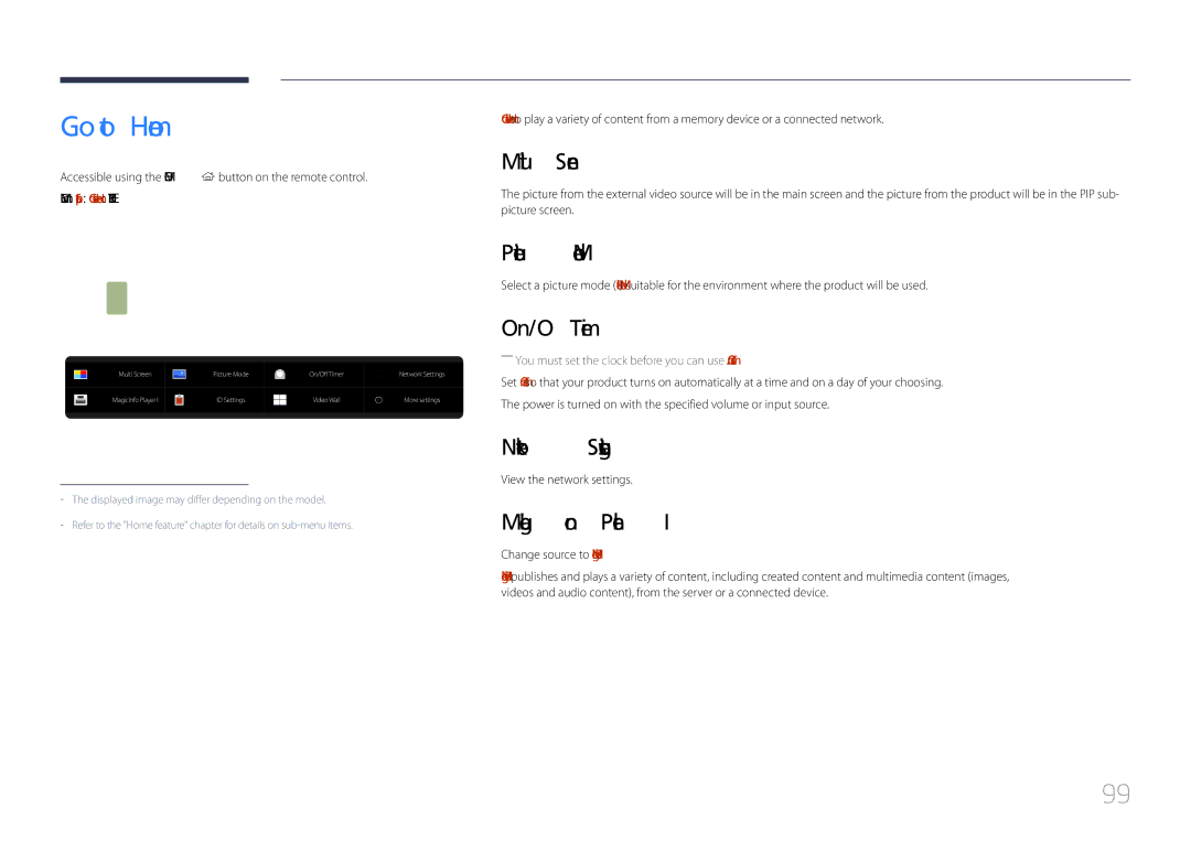 Samsung LH85QMDPLGC/XV, LH85QMDPLGC/EN manual Go to Home, Picture Mode, On/Off Timer, Network Settings, MagicInfo Player 