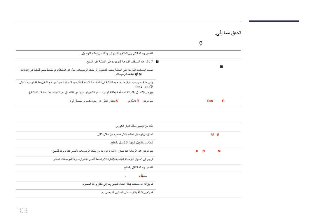 Samsung LH85QMDPLGC/NG, LH85QMDPLGC/EN 103, Pc عضو بيكرتلا لكاشم, ةشاشلا لكاشم, Not Optimum Mode ضرع متي, Fineو Coarse طبض 