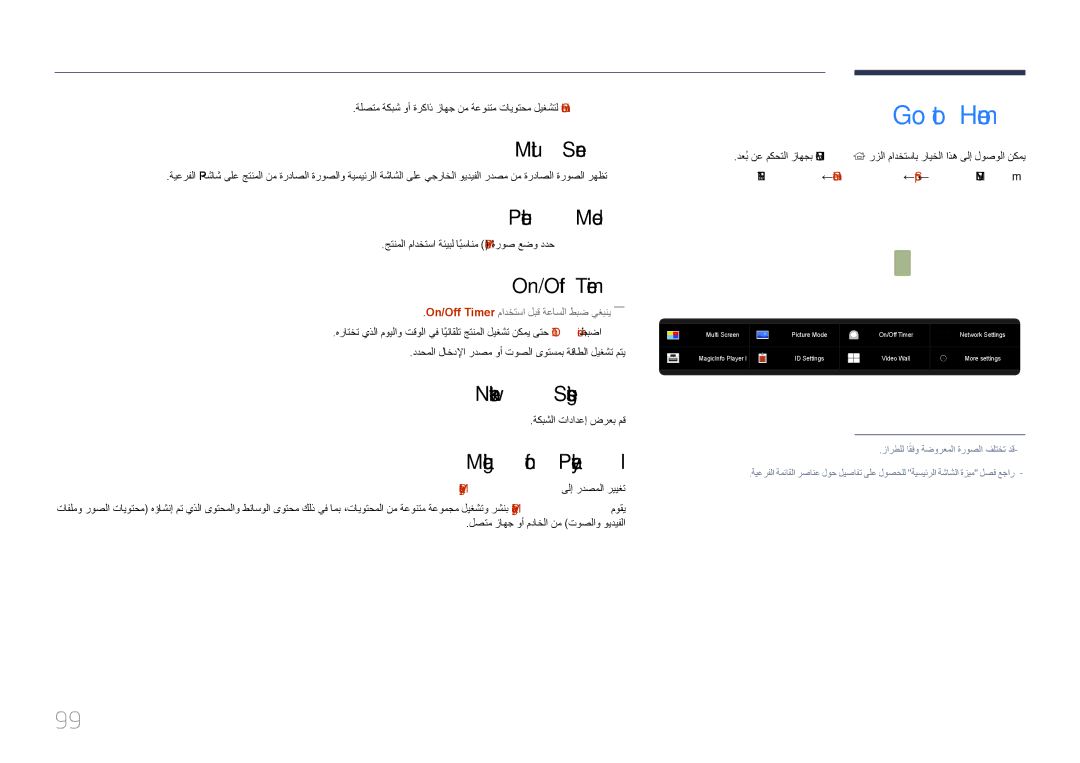 Samsung LH85QMDPLGC/EN, LH85QMDPLGC/NG manual Go to Home, Picture Mode, On/Off Timer, Network Settings, MagicInfo Player 