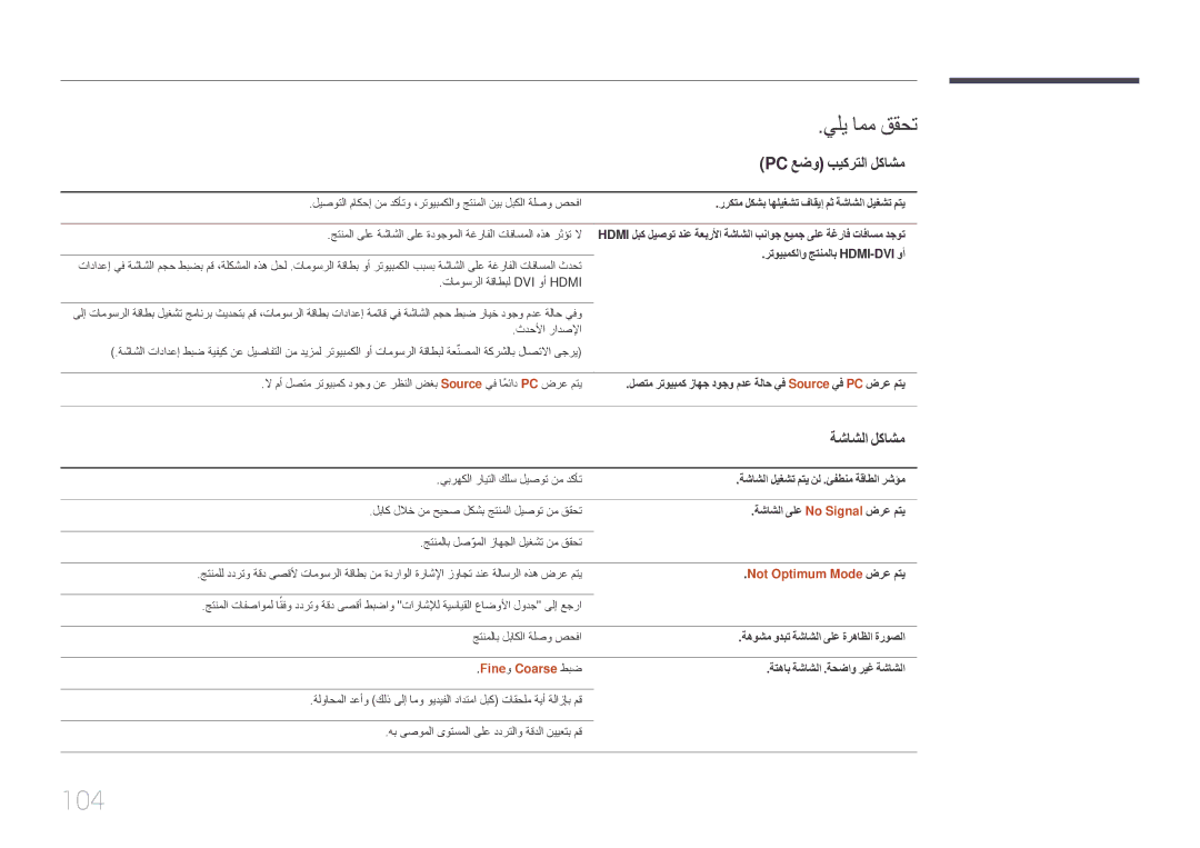 Samsung LH85QMDPLGC/EN, LH85QMDPLGC/NG 104, Pc عضو بيكرتلا لكاشم, ةشاشلا لكاشم, Not Optimum Mode ضرع متي, Fineو Coarse طبض 