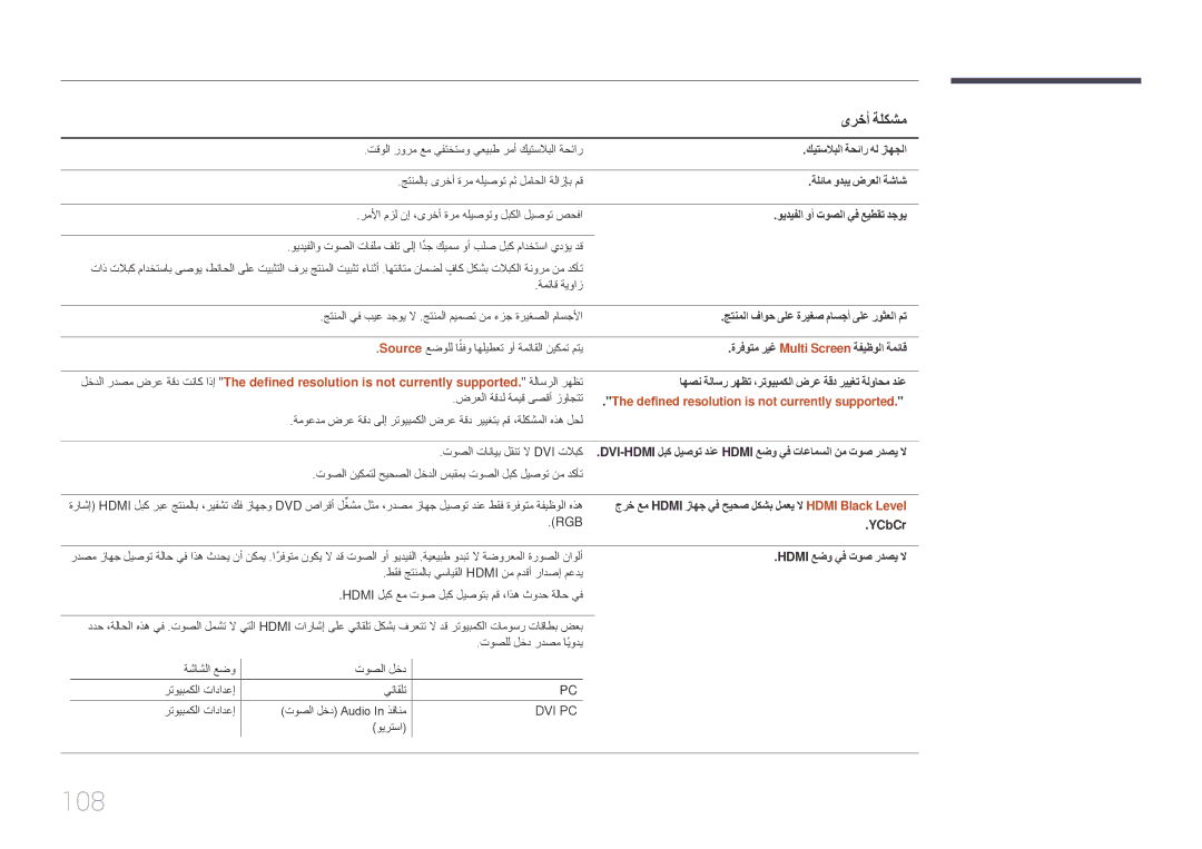 Samsung LH85QMDPLGC/EN, LH85QMDPLGC/NG, LH85QMDRTBC/UE, LH85QMDPLGC/UE manual 108, ىرخأ ةلكشم 