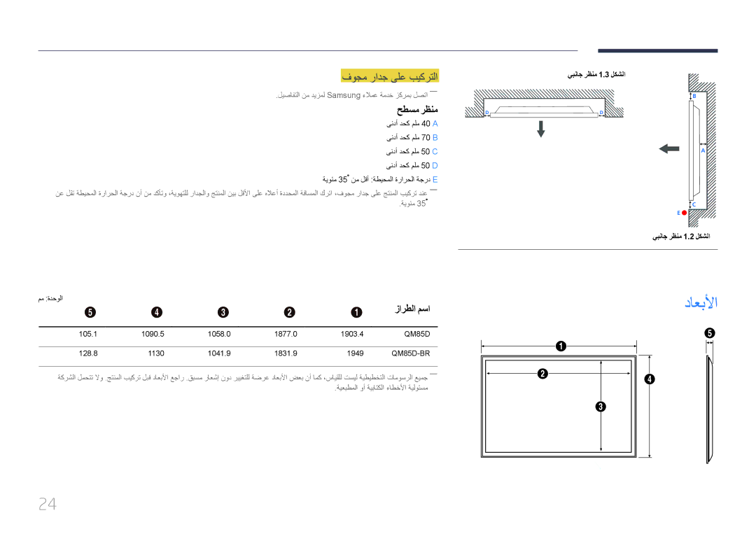 Samsung LH85QMDPLGC/EN داعبلأا, فوجم رادج ىلع بيكرتلا, حطسم رظنم, زارطلا مسا, يبناج رظنم 1.3 لكشلا يبناج رظنم 1.2 لكشلا 