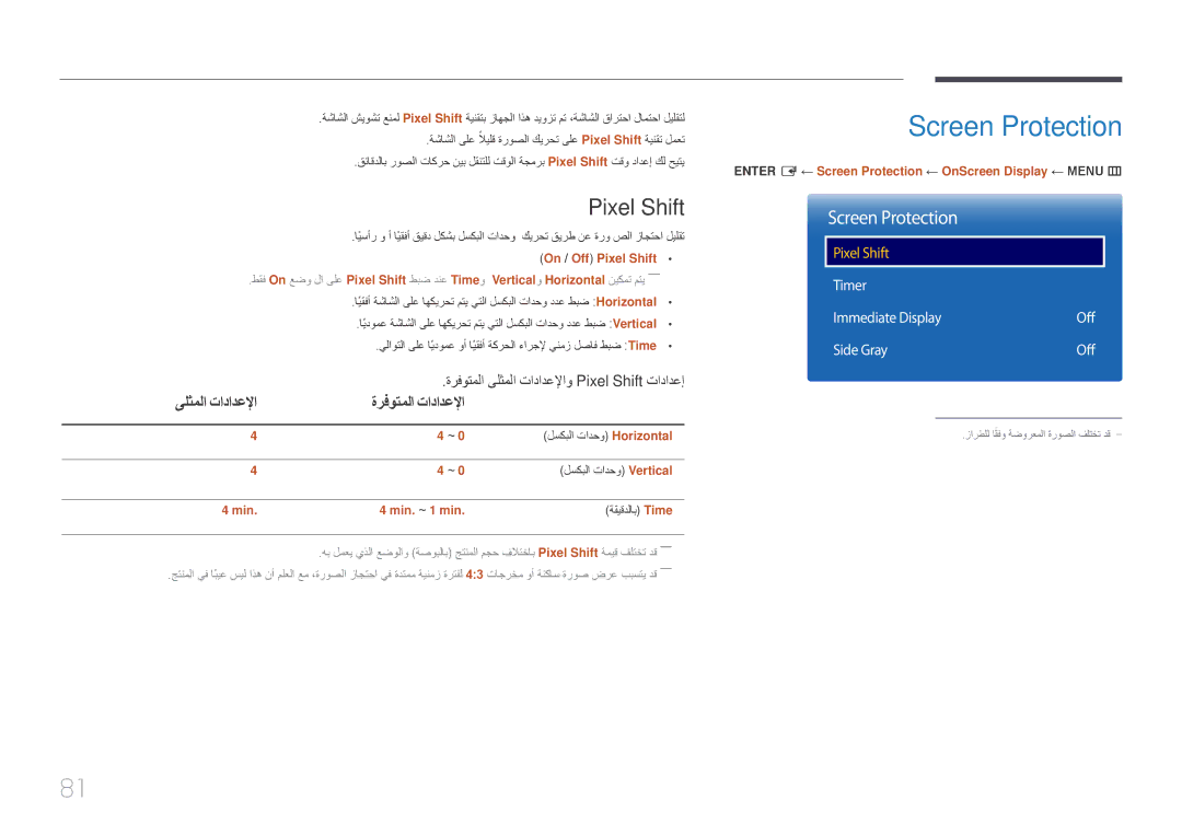 Samsung LH85QMDPLGC/NG, LH85QMDPLGC/EN, LH85QMDRTBC/UE Screen Protection, Pixel Shift, ىلثملا تادادعلإا ةرفوتملا تادادعلإا 