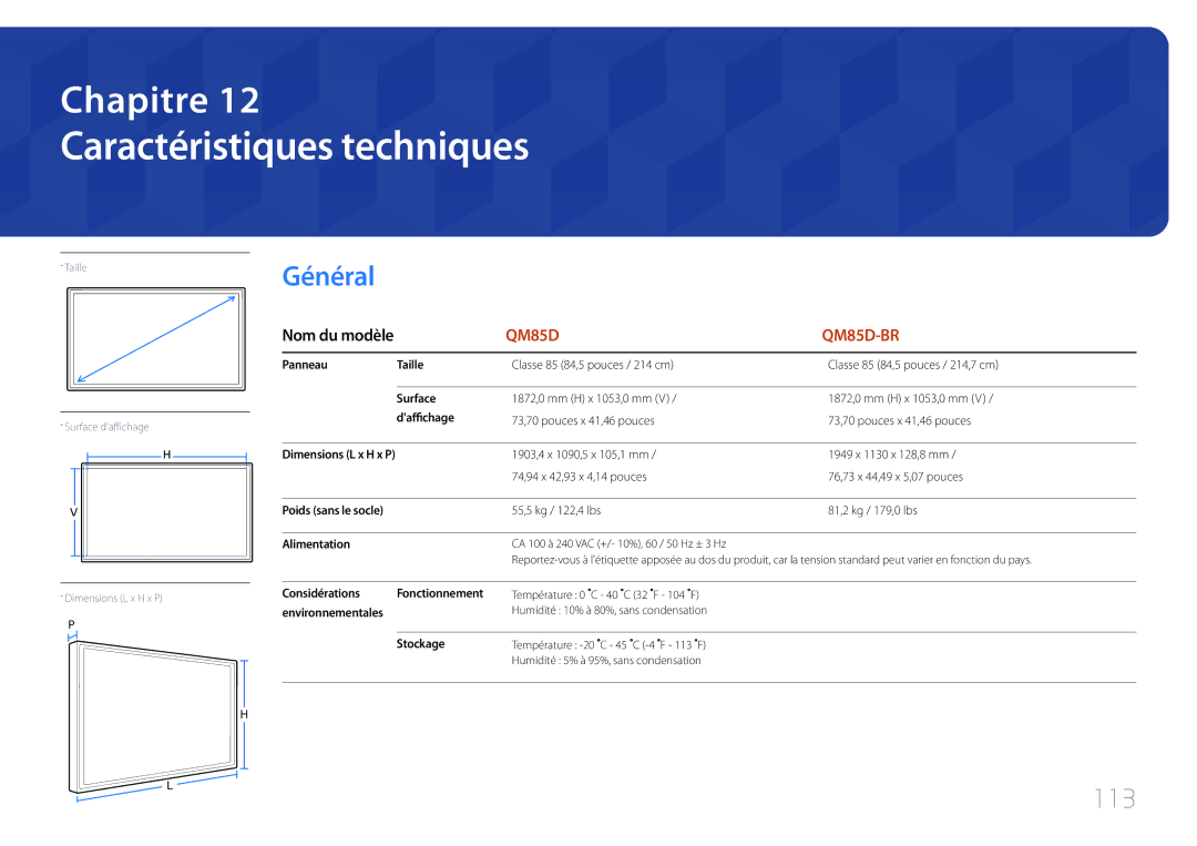 Samsung LH85QMDRTBC/EN, LH85QMDPLGC/EN manual Caractéristiques techniques, 113 