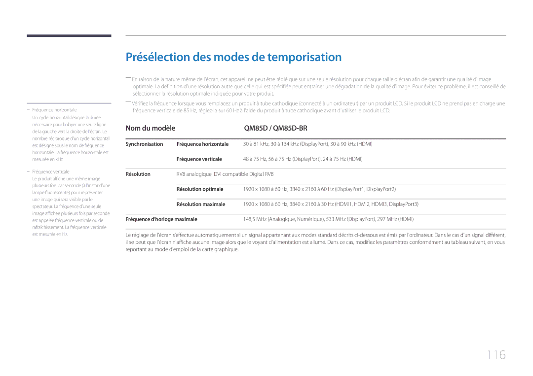 Samsung LH85QMDPLGC/EN, LH85QMDRTBC/EN manual Présélection des modes de temporisation, 116, QM85D / QM85D-BR 