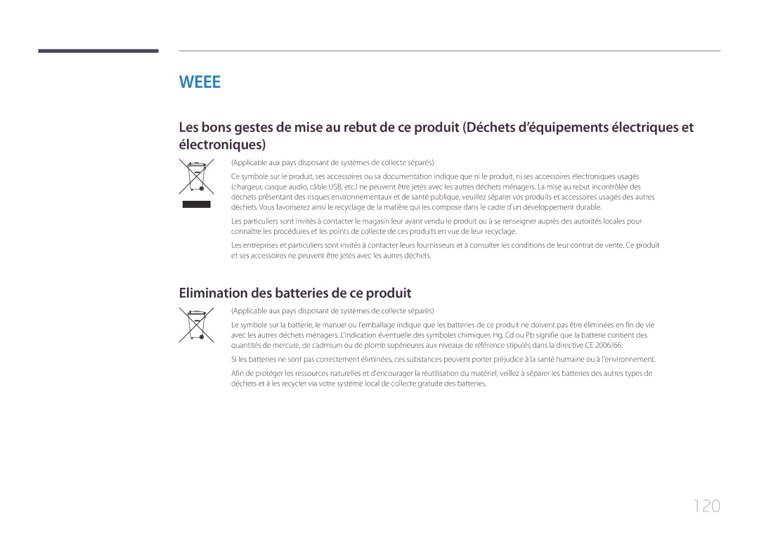 Samsung LH85QMDPLGC/EN, LH85QMDRTBC/EN manual 120, Elimination des batteries de ce produit 