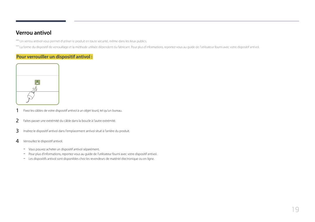 Samsung LH85QMDRTBC/EN, LH85QMDPLGC/EN manual Verrou antivol, Pour verrouiller un dispositif antivol 