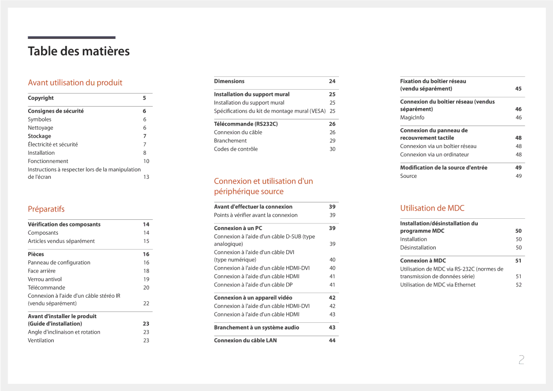 Samsung LH85QMDPLGC/EN, LH85QMDRTBC/EN manual Table des matières 