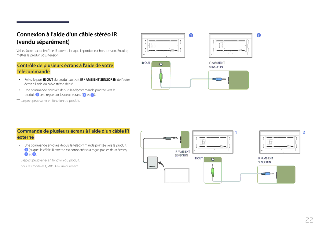 Samsung LH85QMDPLGC/EN, LH85QMDRTBC/EN manual Connexion à laide dun câble stéréo IR vendu séparément 