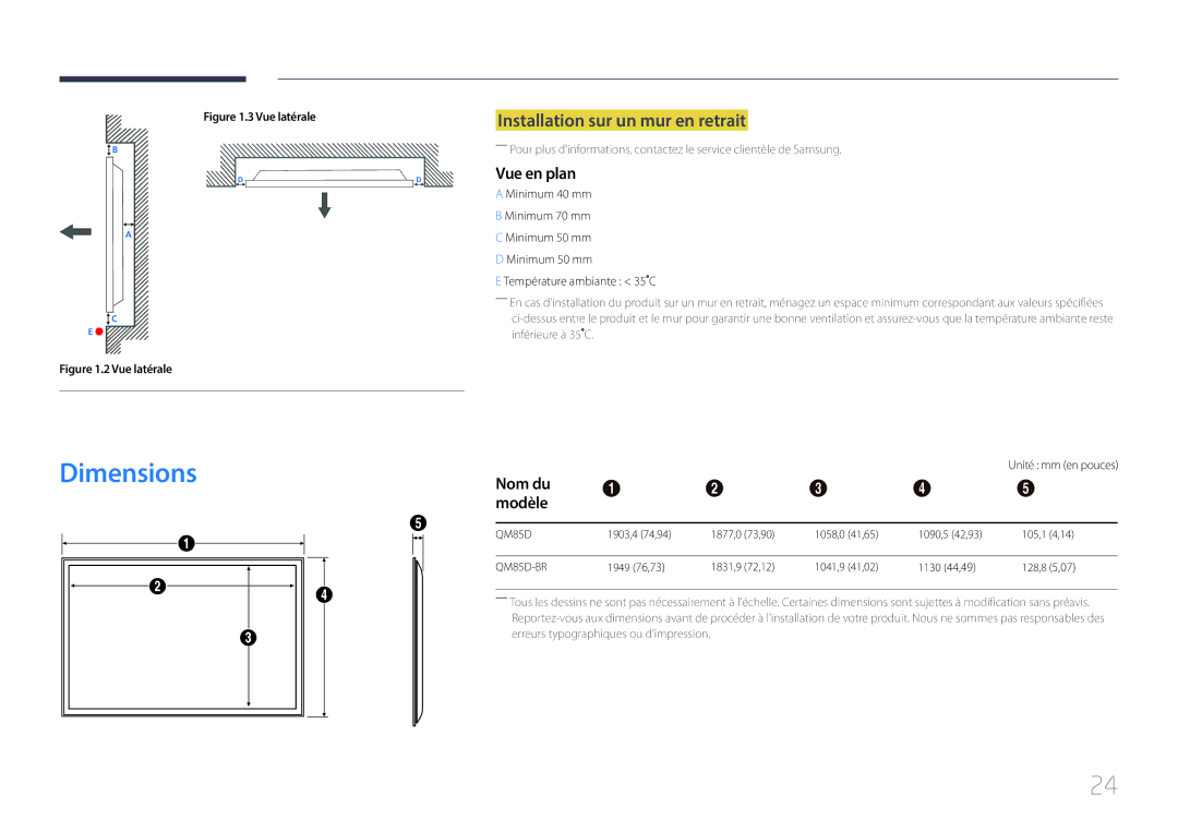 Samsung LH85QMDPLGC/EN, LH85QMDRTBC/EN manual Dimensions, Installation sur un mur en retrait, Vue en plan, Nom du Modèle 