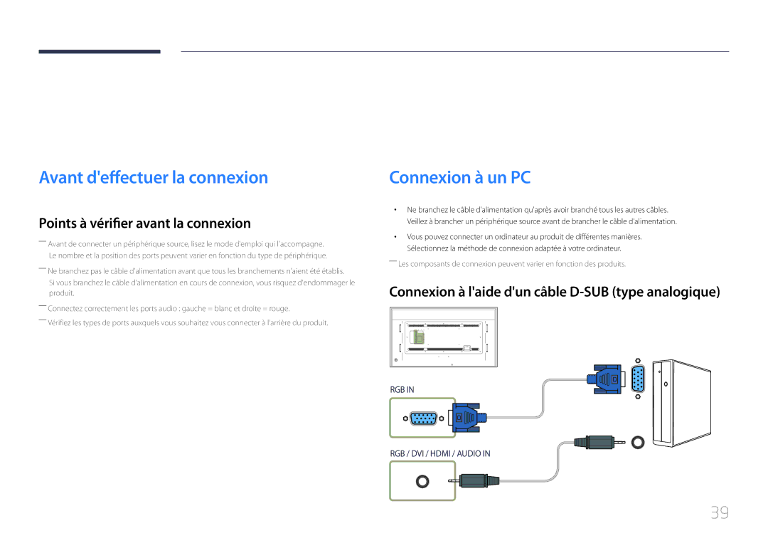 Samsung LH85QMDRTBC/EN Connexion et utilisation dun périphérique source, Avant deffectuer la connexion, Connexion à un PC 