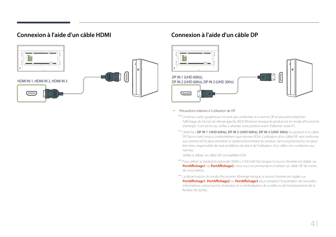 Samsung LH85QMDRTBC/EN, LH85QMDPLGC/EN manual Connexion à laide dun câble Hdmi, Connexion à laide dun câble DP 