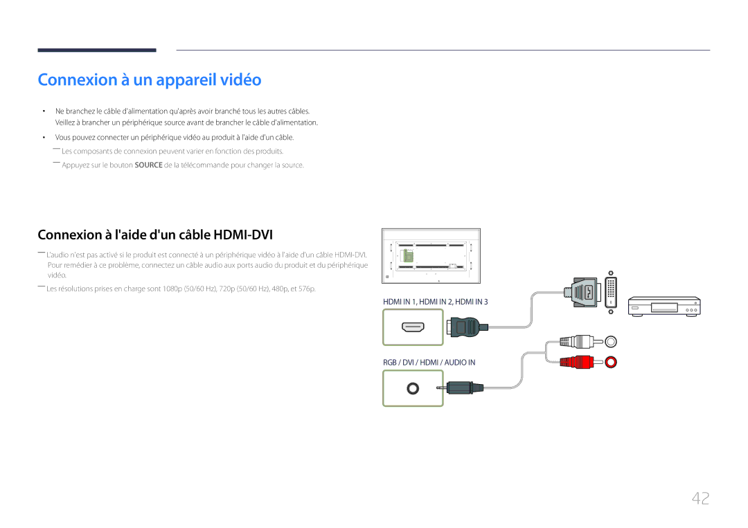 Samsung LH85QMDPLGC/EN, LH85QMDRTBC/EN manual Connexion à un appareil vidéo, Connexion à laide dun câble HDMI-DVI 