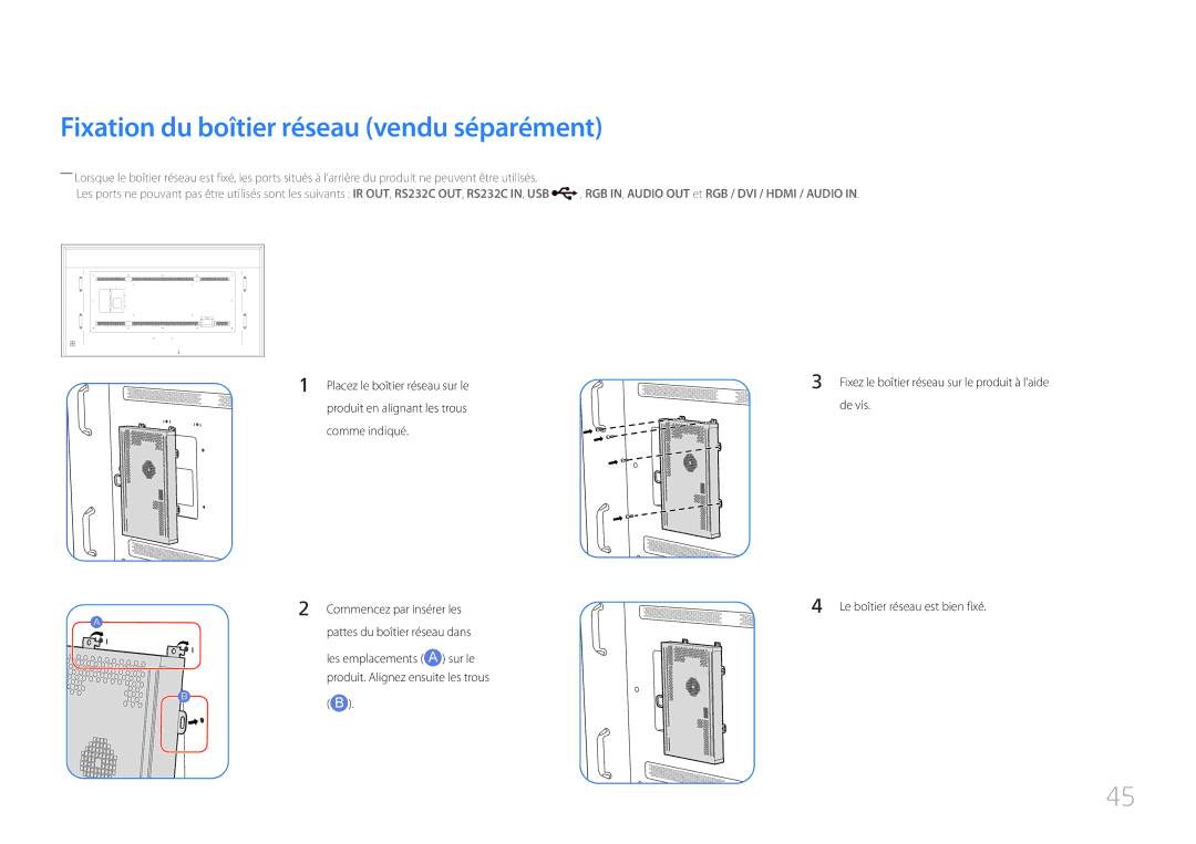 Samsung LH85QMDRTBC/EN, LH85QMDPLGC/EN manual Fixation du boîtier réseau vendu séparément 