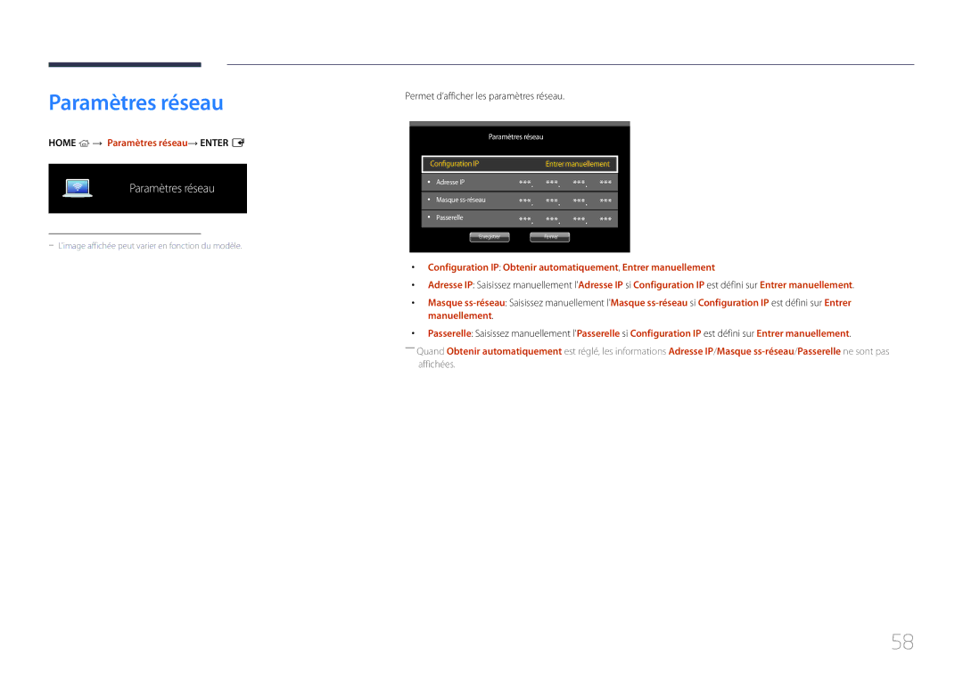 Samsung LH85QMDPLGC/EN, LH85QMDRTBC/EN manual Home → Paramètres réseau→ Enter E, Permet d’afficher les paramètres réseau 