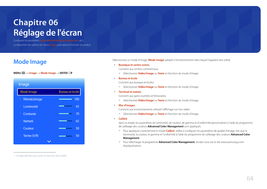 Samsung LH85QMDPLGC/EN, LH85QMDRTBC/EN manual Réglage de lécran, Menu m → Image → Mode Image → Enter E 