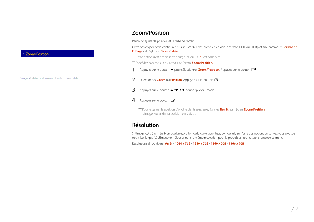 Samsung LH85QMDPLGC/EN, LH85QMDRTBC/EN manual Zoom/Position, Résolution, Format de limage 