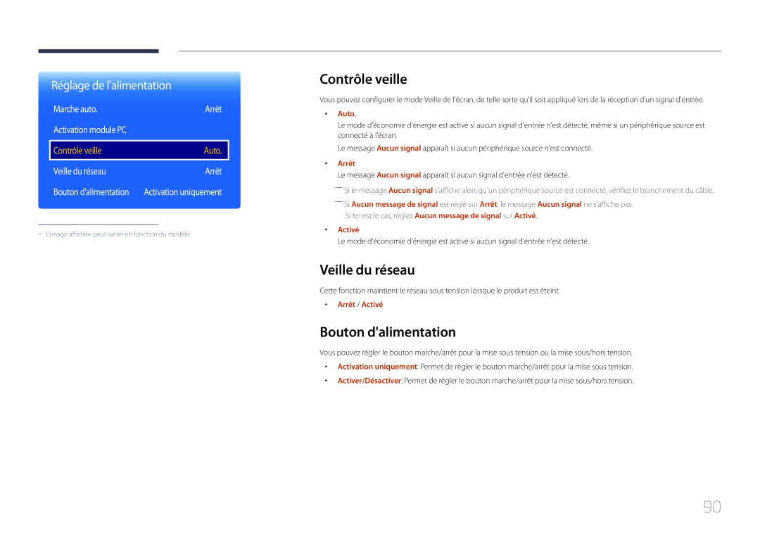 Samsung LH85QMDPLGC/EN manual Contrôle veille, Bouton dalimentation, Marche auto Arrêt, Veille du réseau Arrêt 