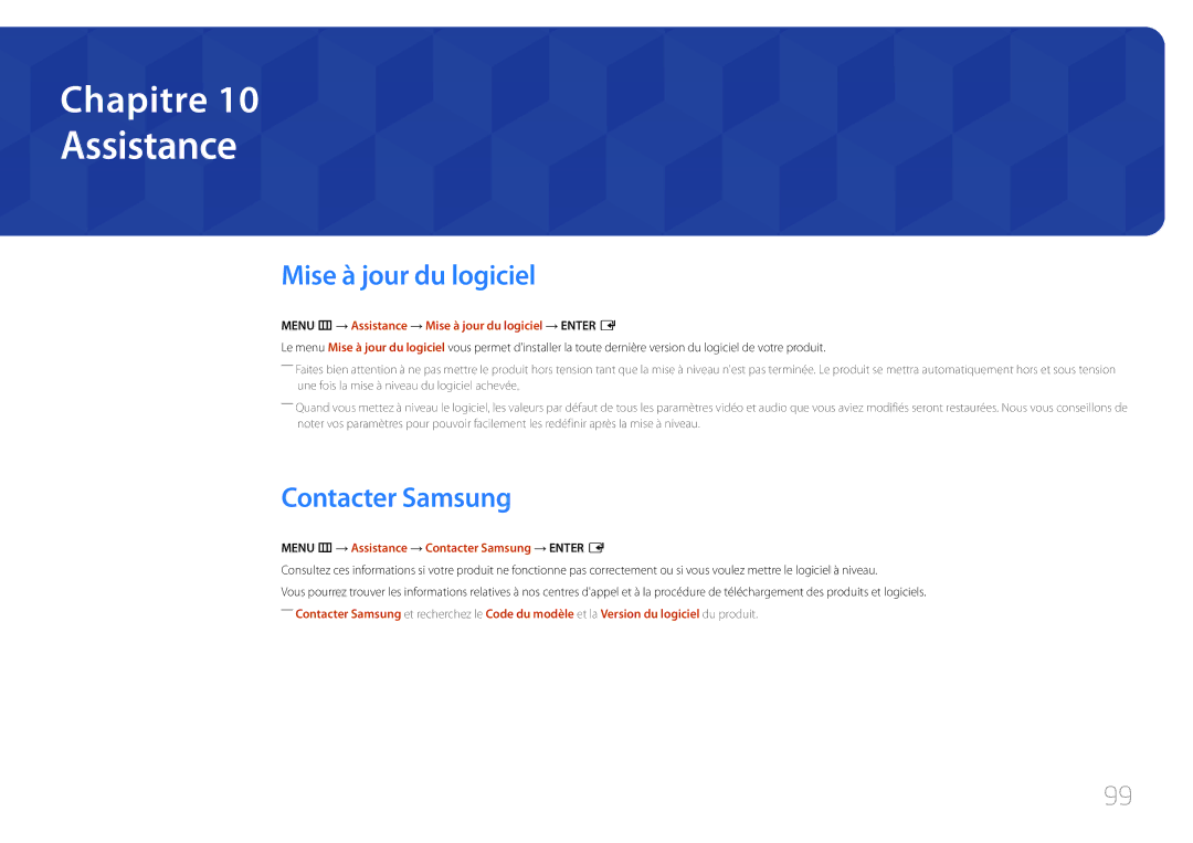 Samsung LH85QMDRTBC/EN, LH85QMDPLGC/EN manual Assistance, Mise à jour du logiciel, Contacter Samsung 