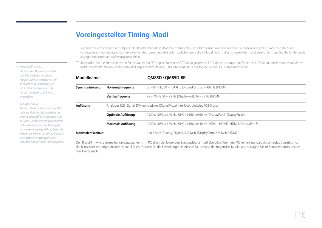 Samsung LH85QMDPLGC/EN, LH85QMDRTBC/EN manual Voreingestellter Timing-Modi, 116, Modellname QM85D / QM85D-BR 