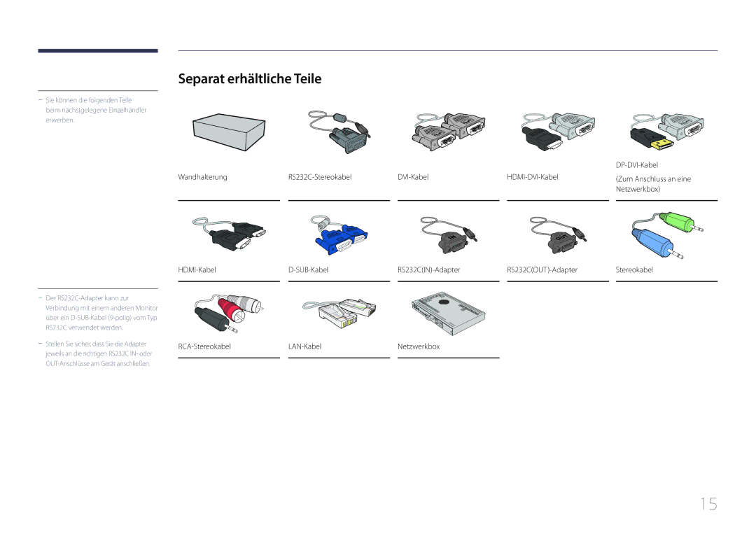 Samsung LH85QMDRTBC/EN, LH85QMDPLGC/EN manual Separat erhältliche Teile, DP-DVI-Kabel 