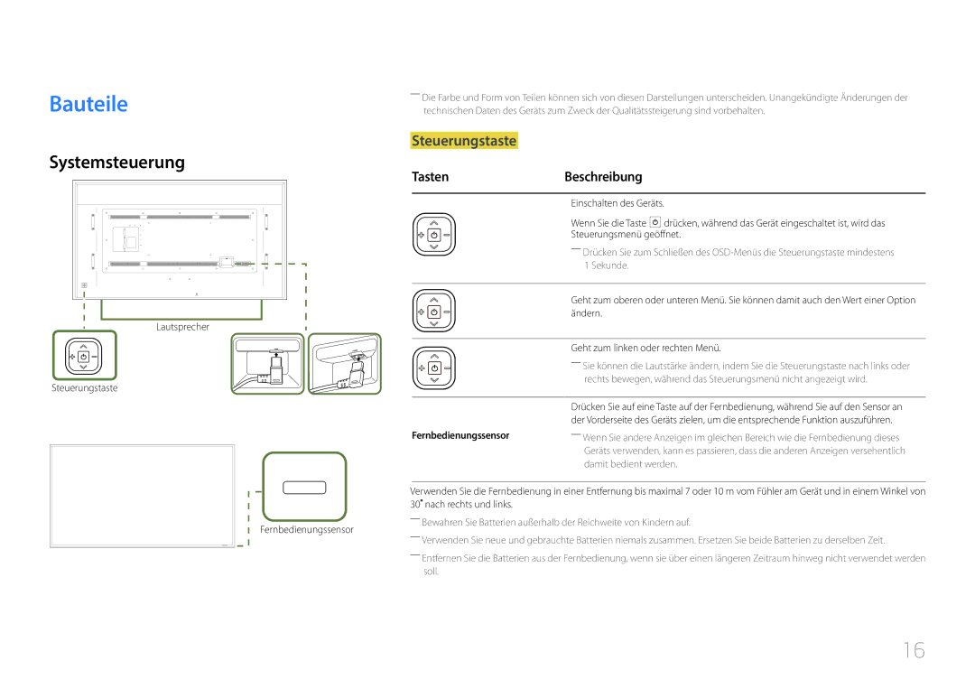 Samsung LH85QMDPLGC/EN manual Bauteile, Systemsteuerung, Steuerungstaste, Tasten Beschreibung, Fernbedienungssensor 